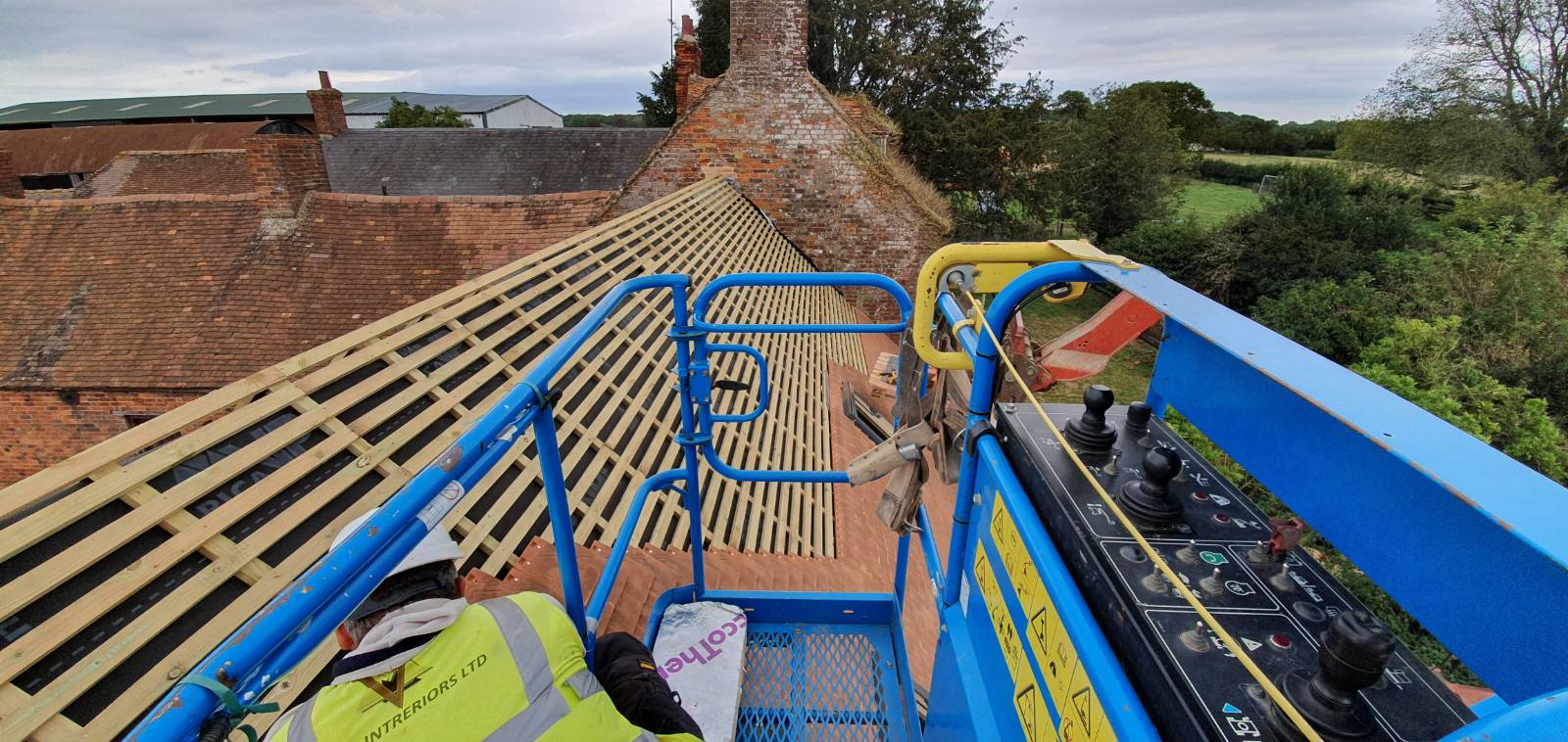 Parkfield Barn - roof battening viewed from the cherry picker platform
